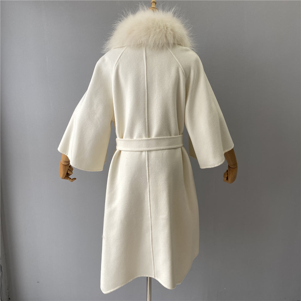 Jaxmonoy Women Cashmere Wool Coat Real Raccoon Collar Luxury Belt