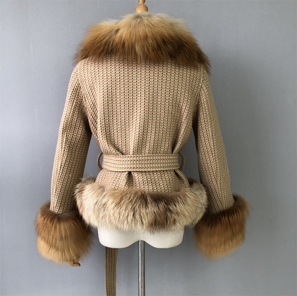 Jaxmonoy Winter Warm Short Style Cashmere Coat With Real Big Fox Fur Collar