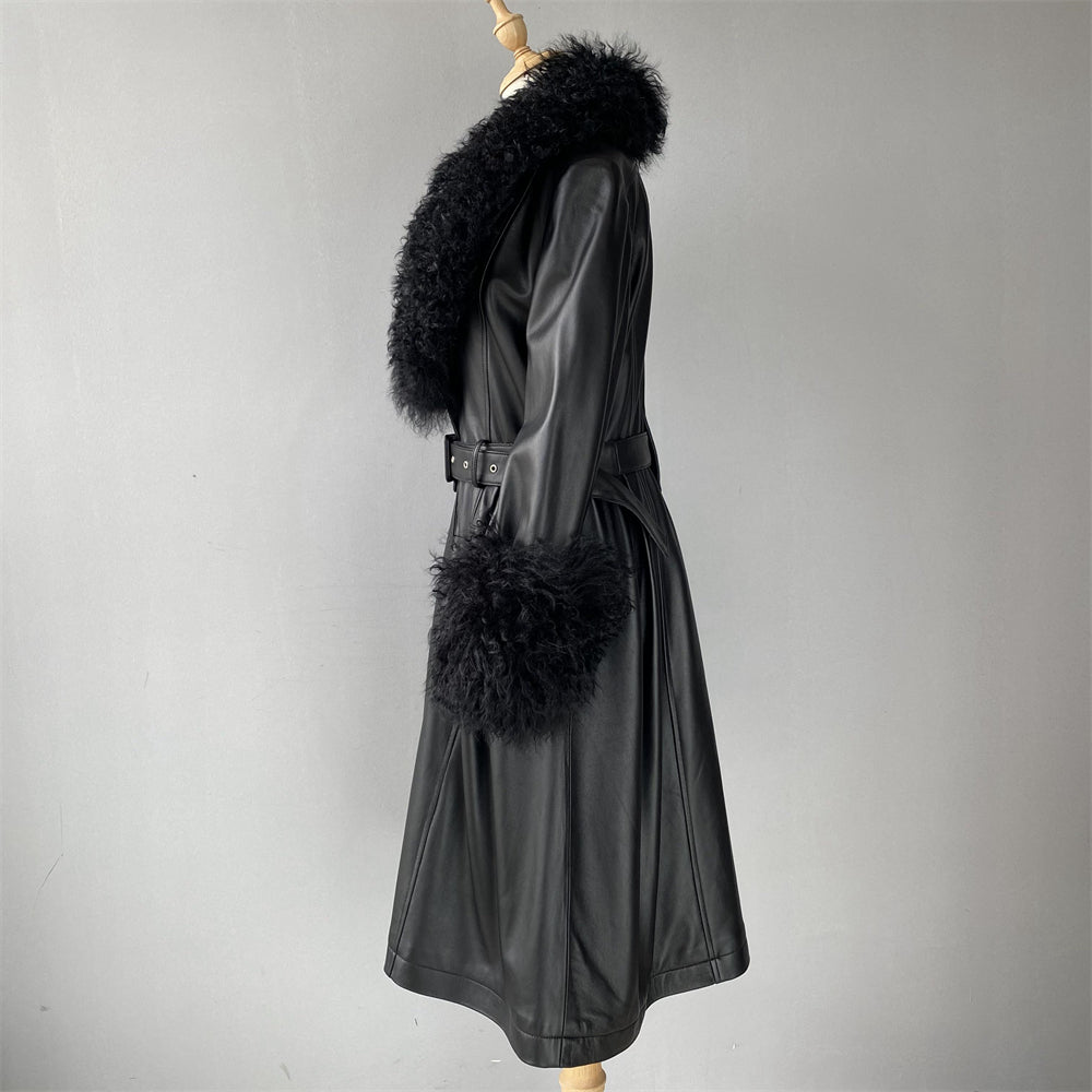 Custom Color Belt Design Genuine Leather Trench Coat With Sheep Fur
