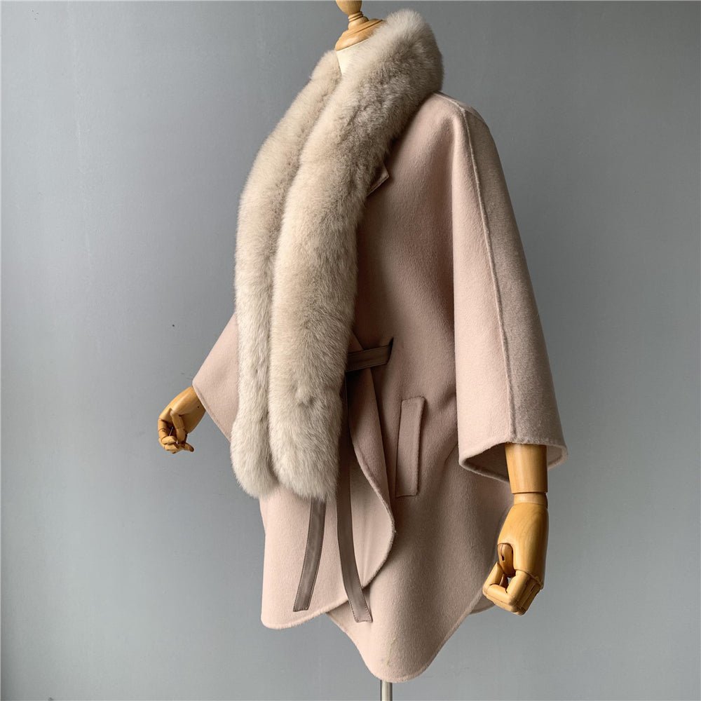 Jaxmonoy Women Cashmere Coat With Big Real Fur Collar And Sashes