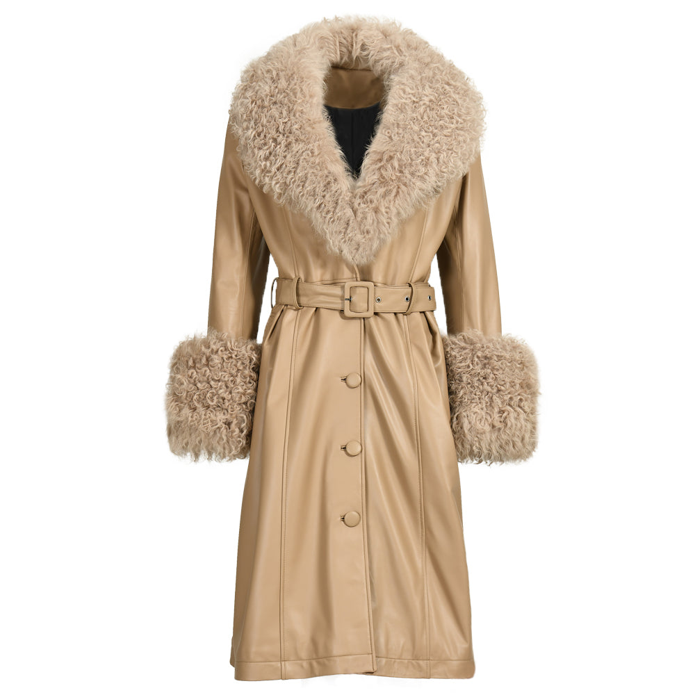 Custom Color Belt Design Genuine Leather Trench Coat With Sheep Fur