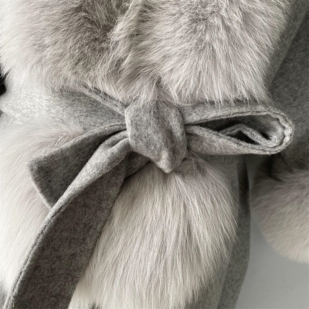 Wholesale Winter Double-sided Hooded Cashmere Coat With Real Fox Fur Collar And Belt Design Fashion Women Real Fox Fur Coat Wool