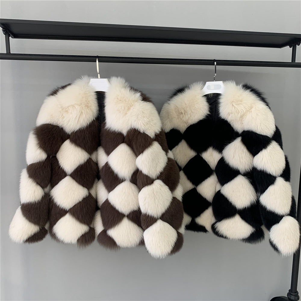 Jaxmonoy Female Two-color Stitching Minimalistic Ladies Real Fox Fur Coat
