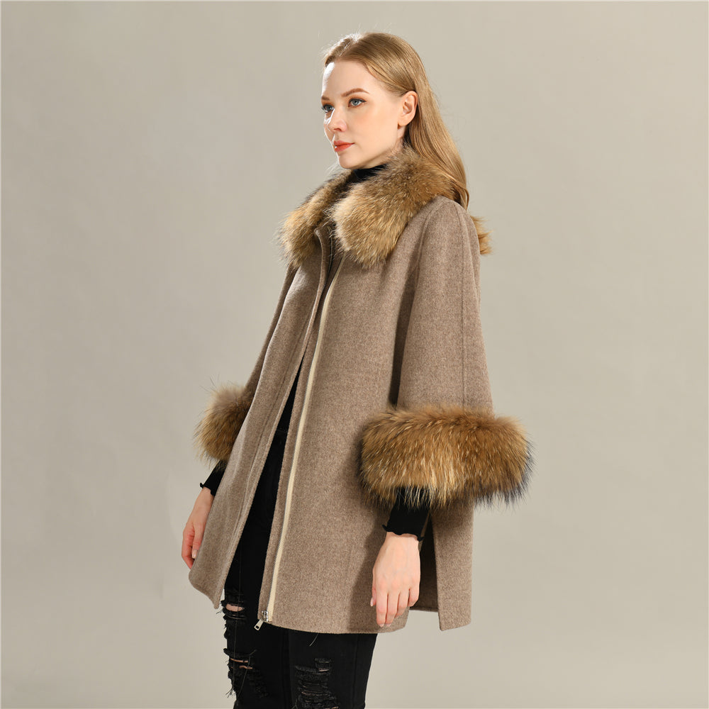 Jaxmonoy Stylish Cashmere Coat With Real Fur Collar And Cuffs Short Style