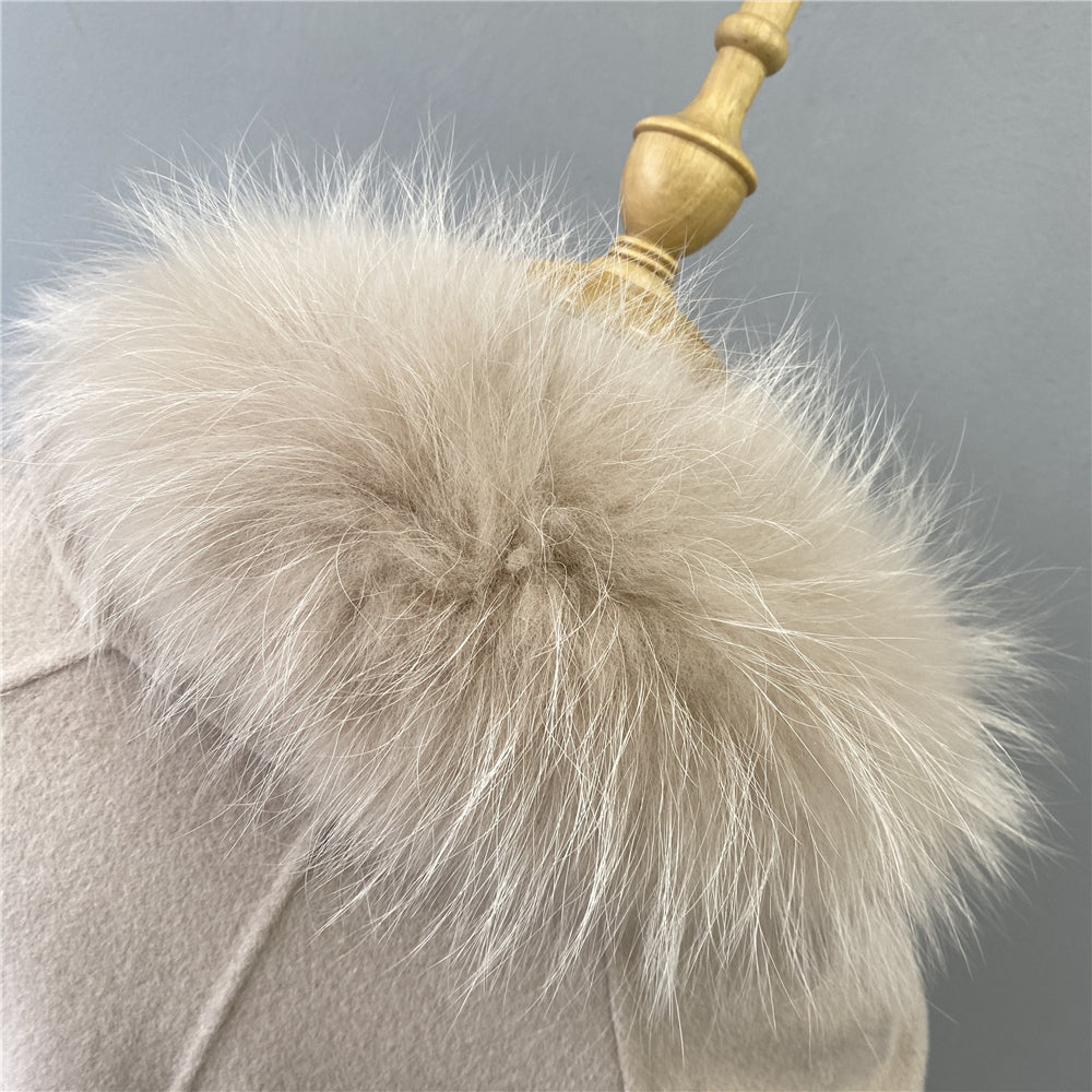 Jaxmonoy Women Cashmere Wool Coat Real Raccoon Collar Luxury Belt