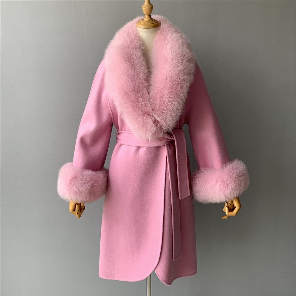 Jaxmonoy Fashionable Women Cashmere Coat With Big Real Fur Collar And Cuffs