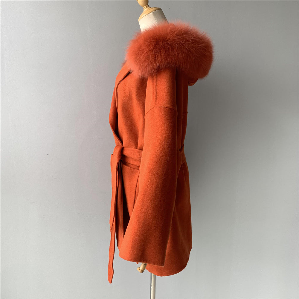 Jaxmonoy Oversize Loose Cashmere Wool Coat with Real Fox Fur Collar Winter Women Hood Outerwear Belt