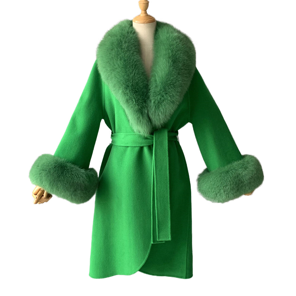 Jaxmonoy Fashionable Women Cashmere Coat With Big Real Fur Collar And Cuffs
