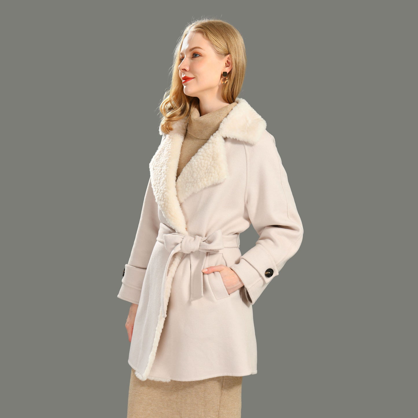 Jaxmonoy Fashion Office Ladies Mid-length Style Cashmere Coat With Sheep Fleece
