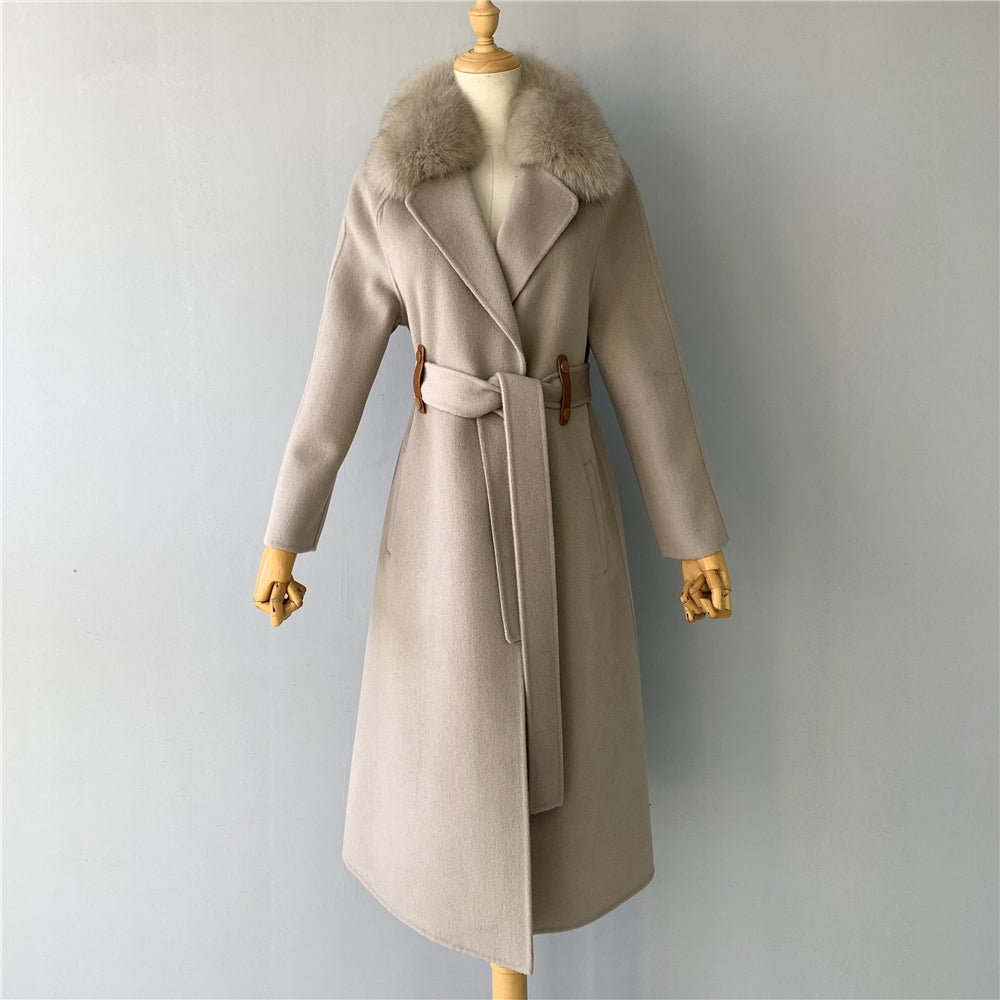 Jaxmonoy Long Style Cashmere Coat With Turn-down Real Fur Collar