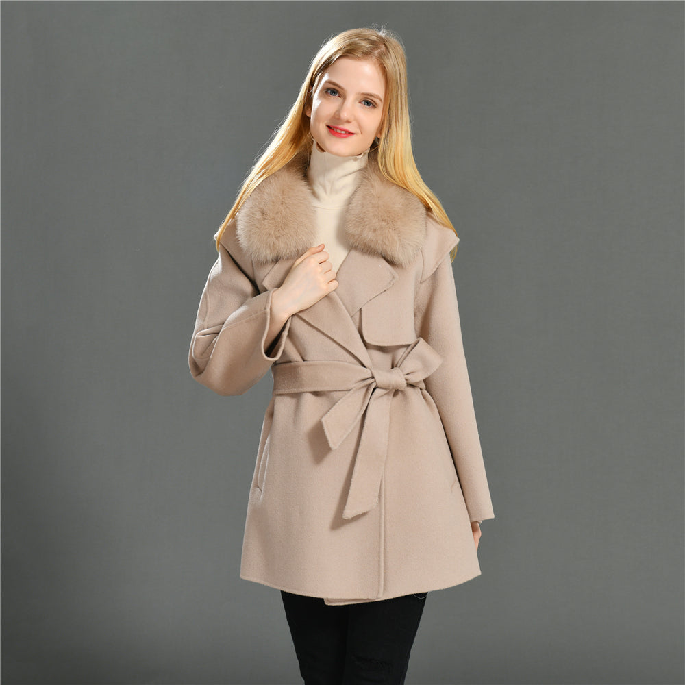 Jaxmonoy Cashmere Wool Coat Big Real Fur Collar