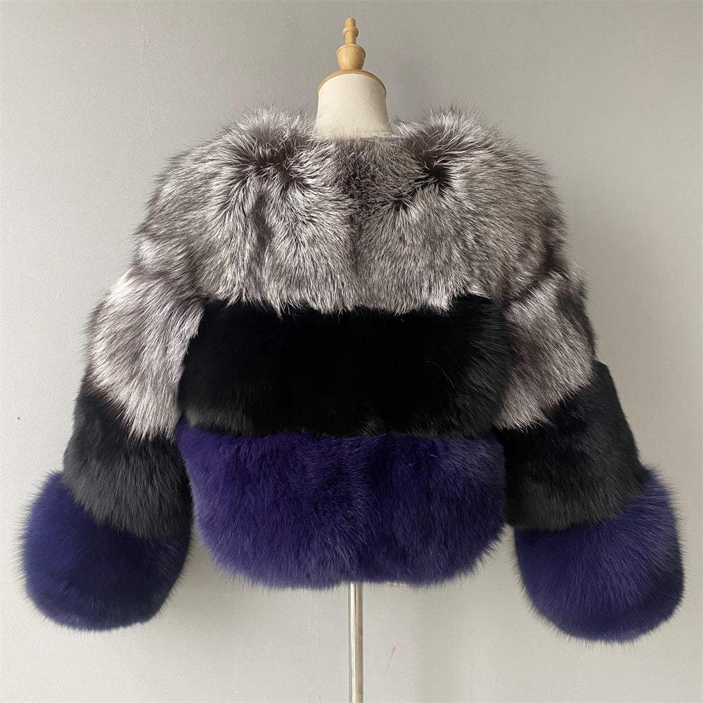 Mixed Color Crew Neck Cropped Real Fox Fur Coat Coldproof Winter Genuine Fox Fur Coat Women Real
