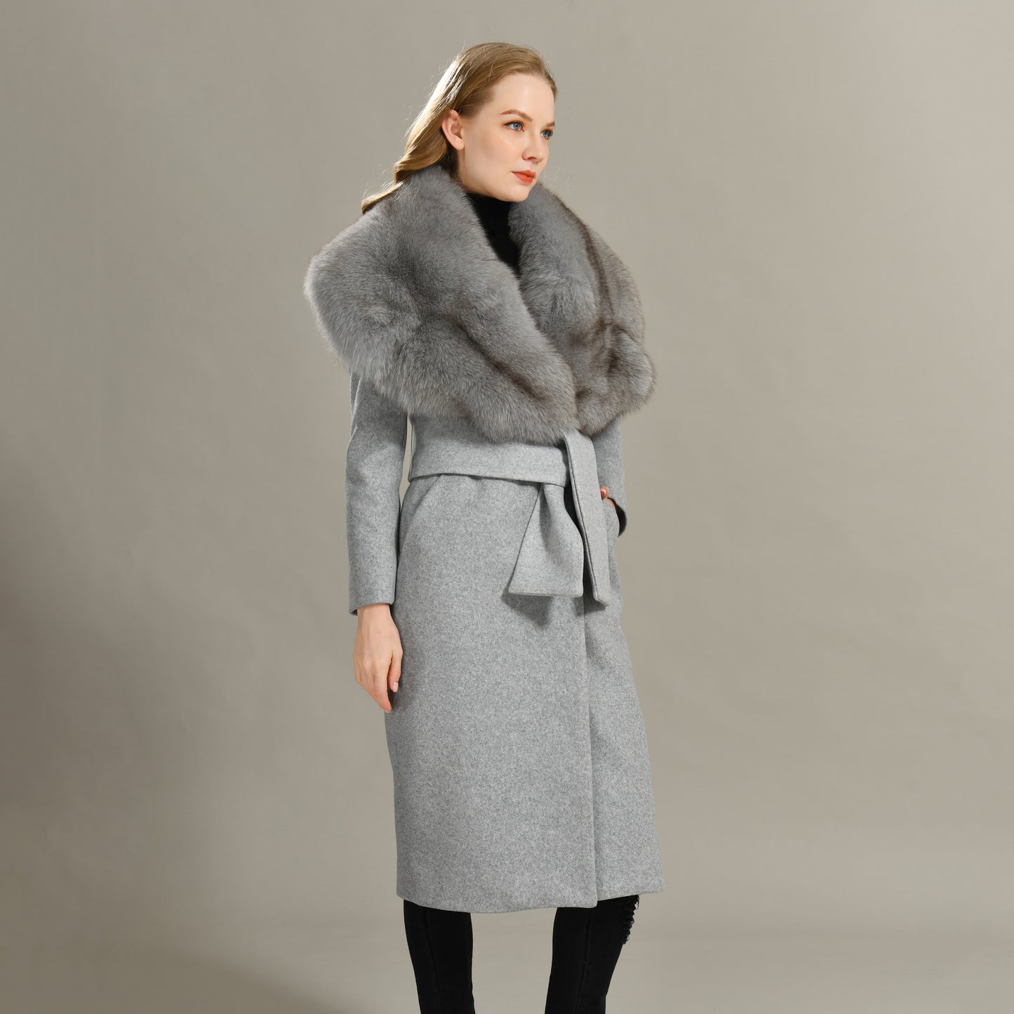 Jaxmonoy Modern Style Cashmere Coat With Luxurious Real Fox Fur Collar