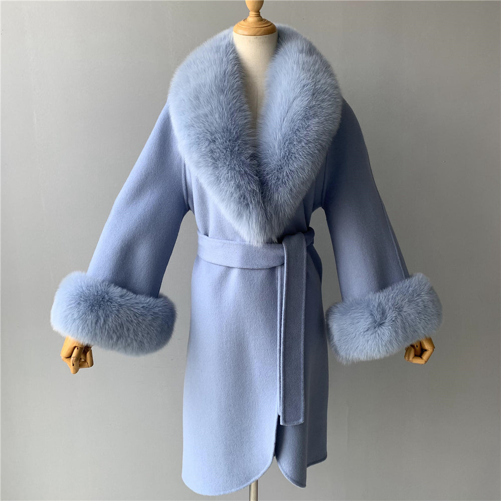 Jaxmonoy Fashionable Women Cashmere Coat With Big Real Fur Collar And Cuffs
