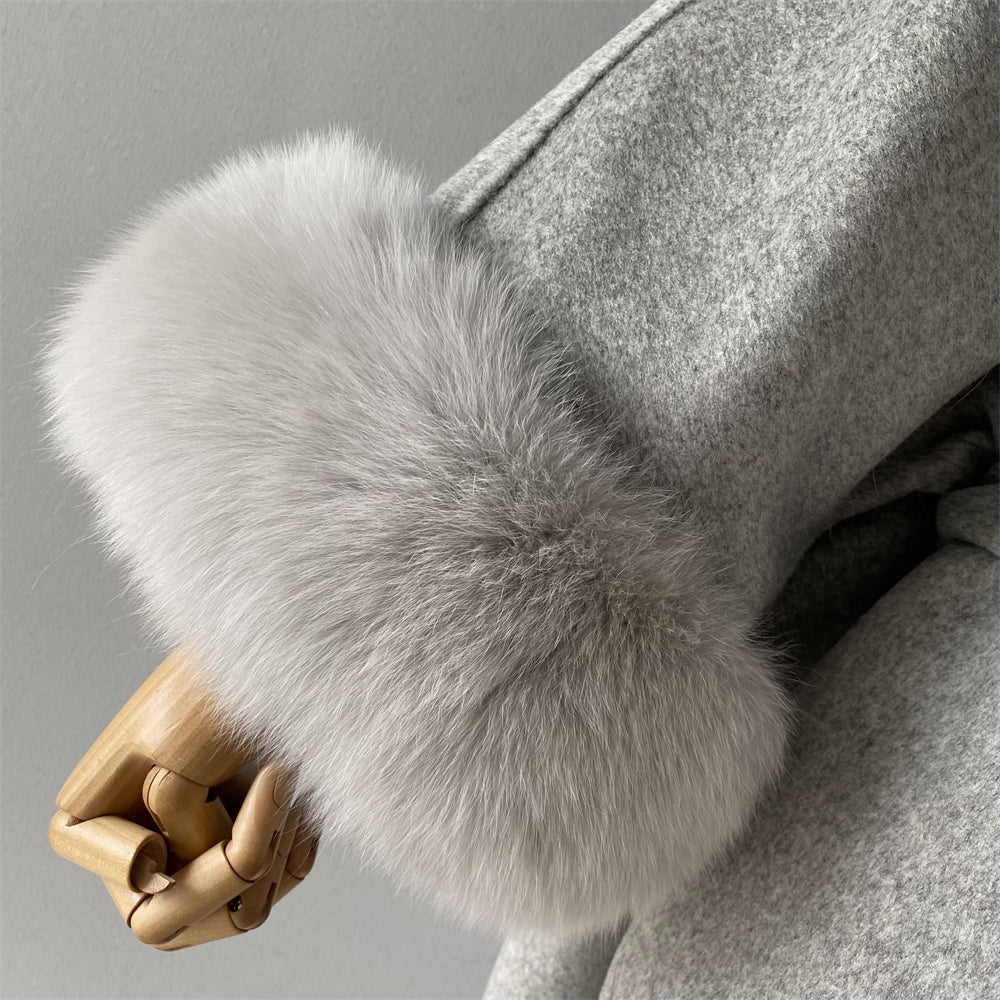 Wholesale Winter Double-sided Hooded Cashmere Coat With Real Fox Fur Collar And Belt Design Fashion Women Real Fox Fur Coat Wool