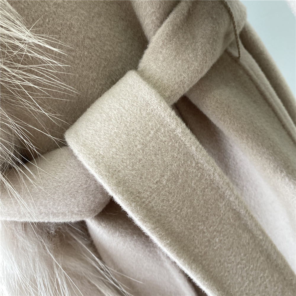 Jaxmonoy Women Cashmere Wool Coat Real Raccoon Collar Luxury Belt