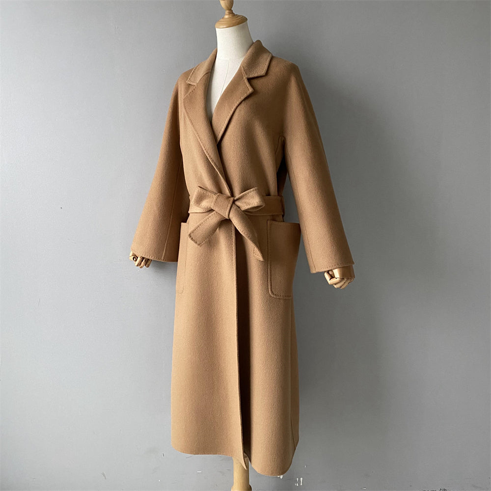 Solid Color Cashmere Coat With Big Side Pocket And Removable Belt