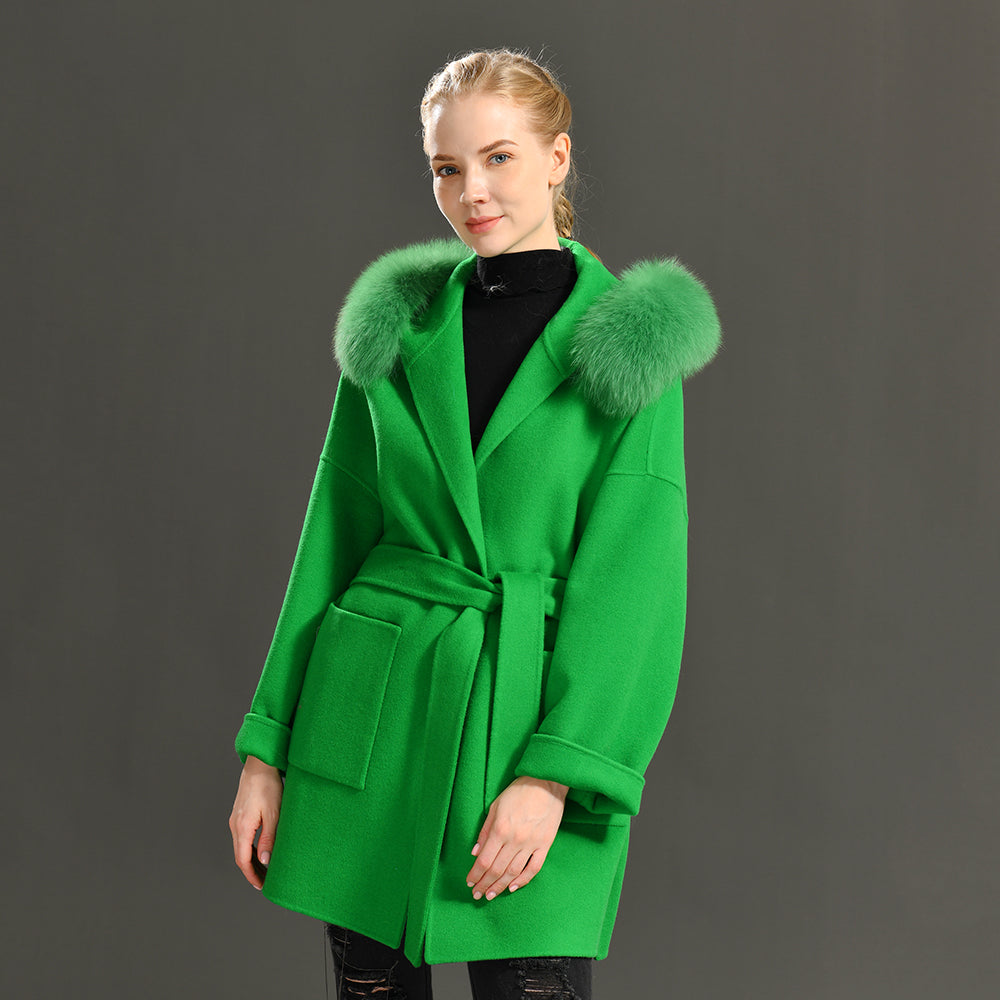 Jaxmonoy Oversize Loose Cashmere Wool Coat with Real Fox Fur Collar Winter Women Hood Outerwear Belt