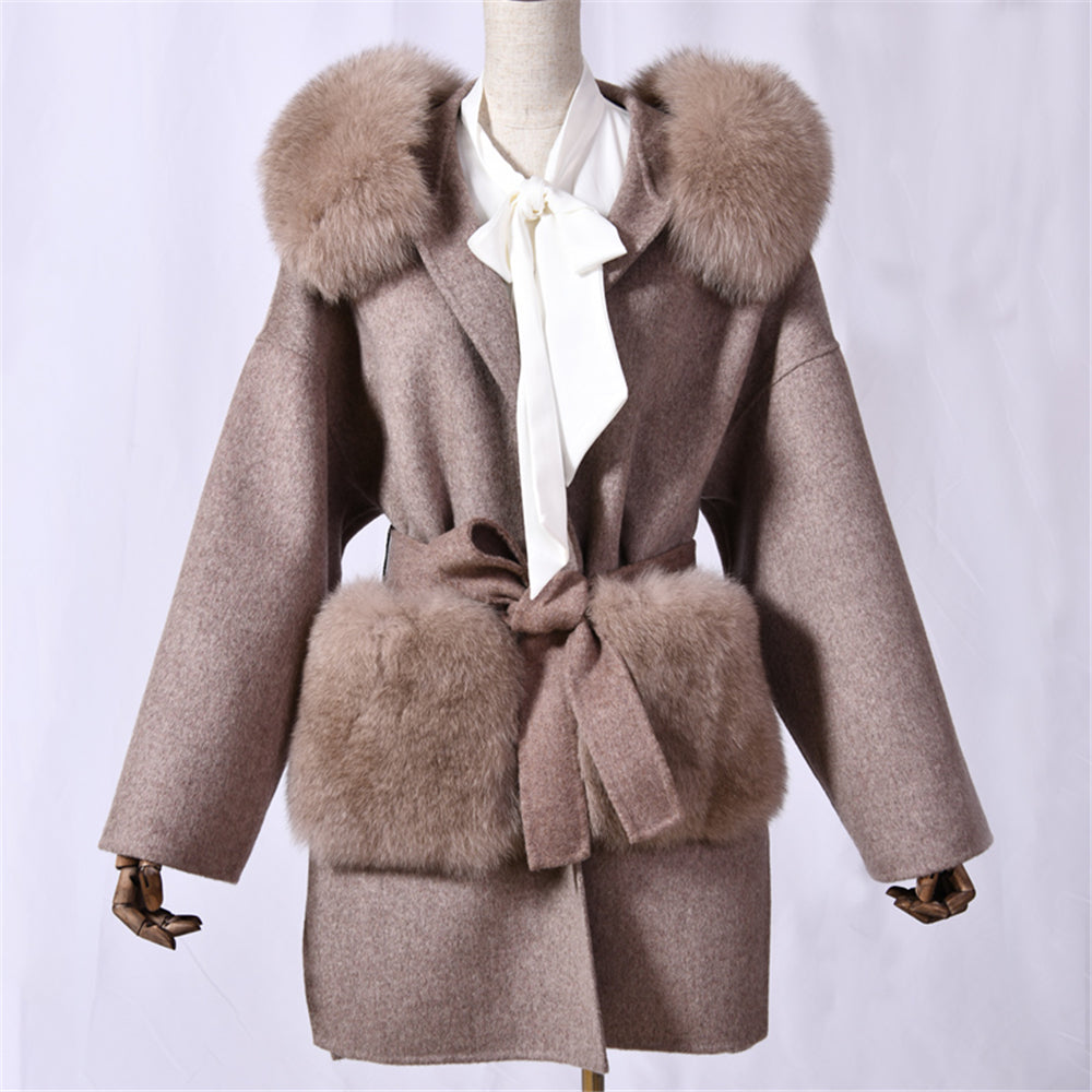 Jaxmonoy Women Cashmere Coat With Fur Pocket