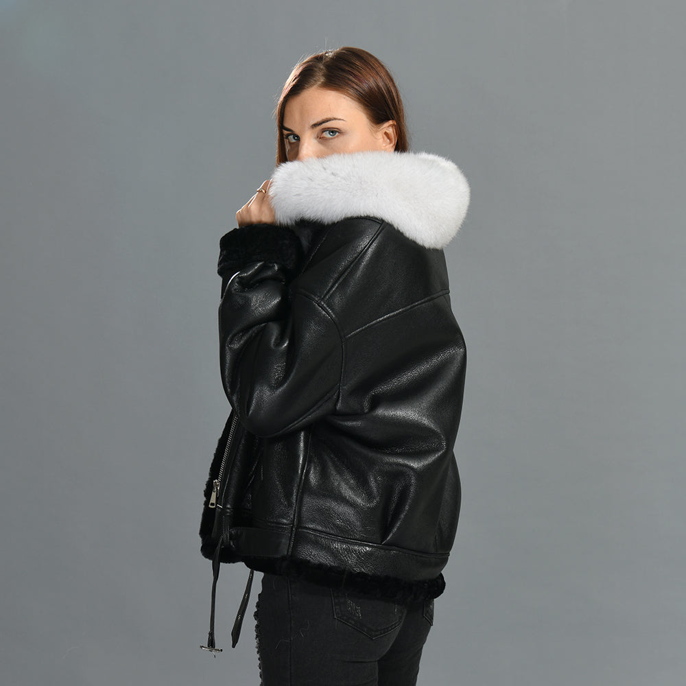 Shearling Coat With Real Fox Fur Collar Leather Jacket For Women