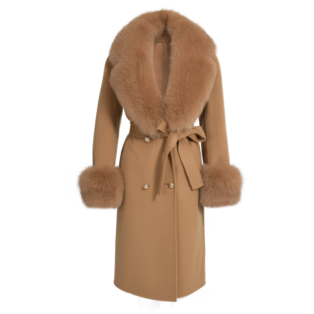 Jaxmonoy Luxurious Double-sided Cashmere Coat With Removable Big Fox Fur Collar And Cuffs