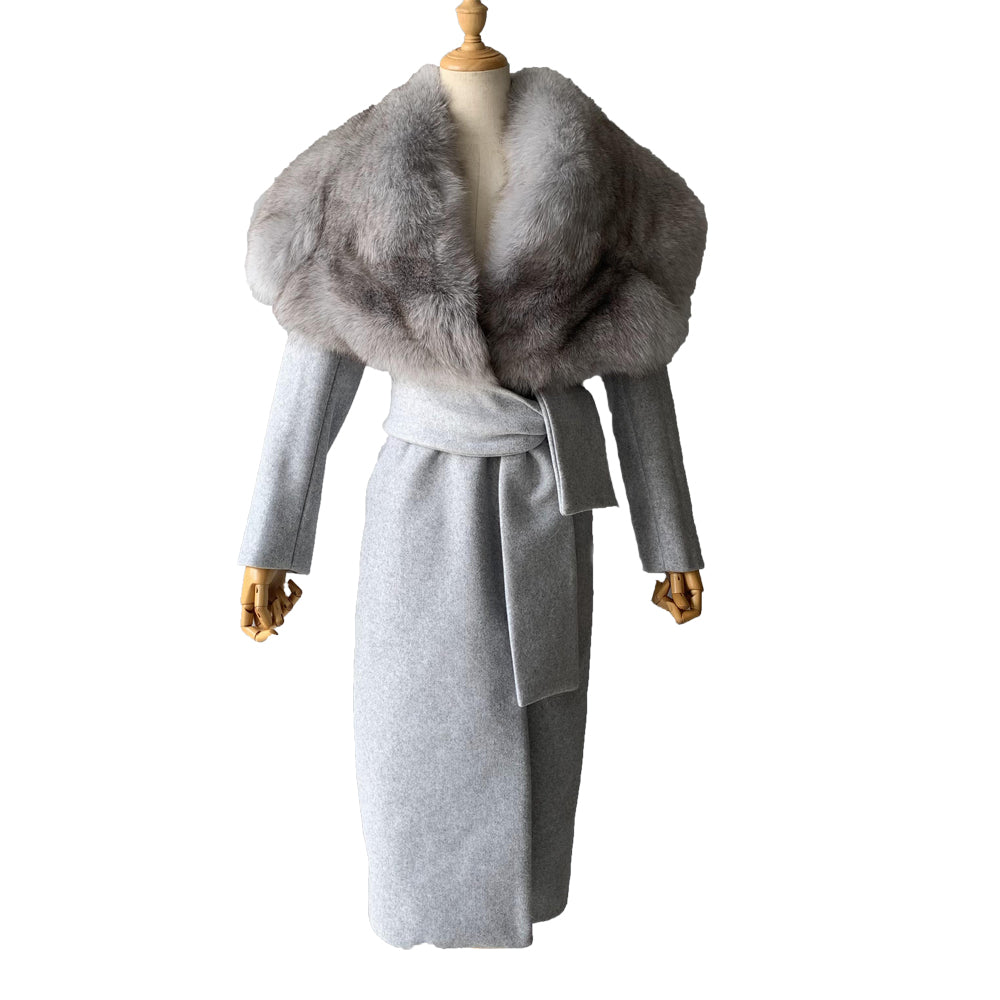 Jaxmonoy Modern Style Cashmere Coat With Luxurious Real Fox Fur Collar
