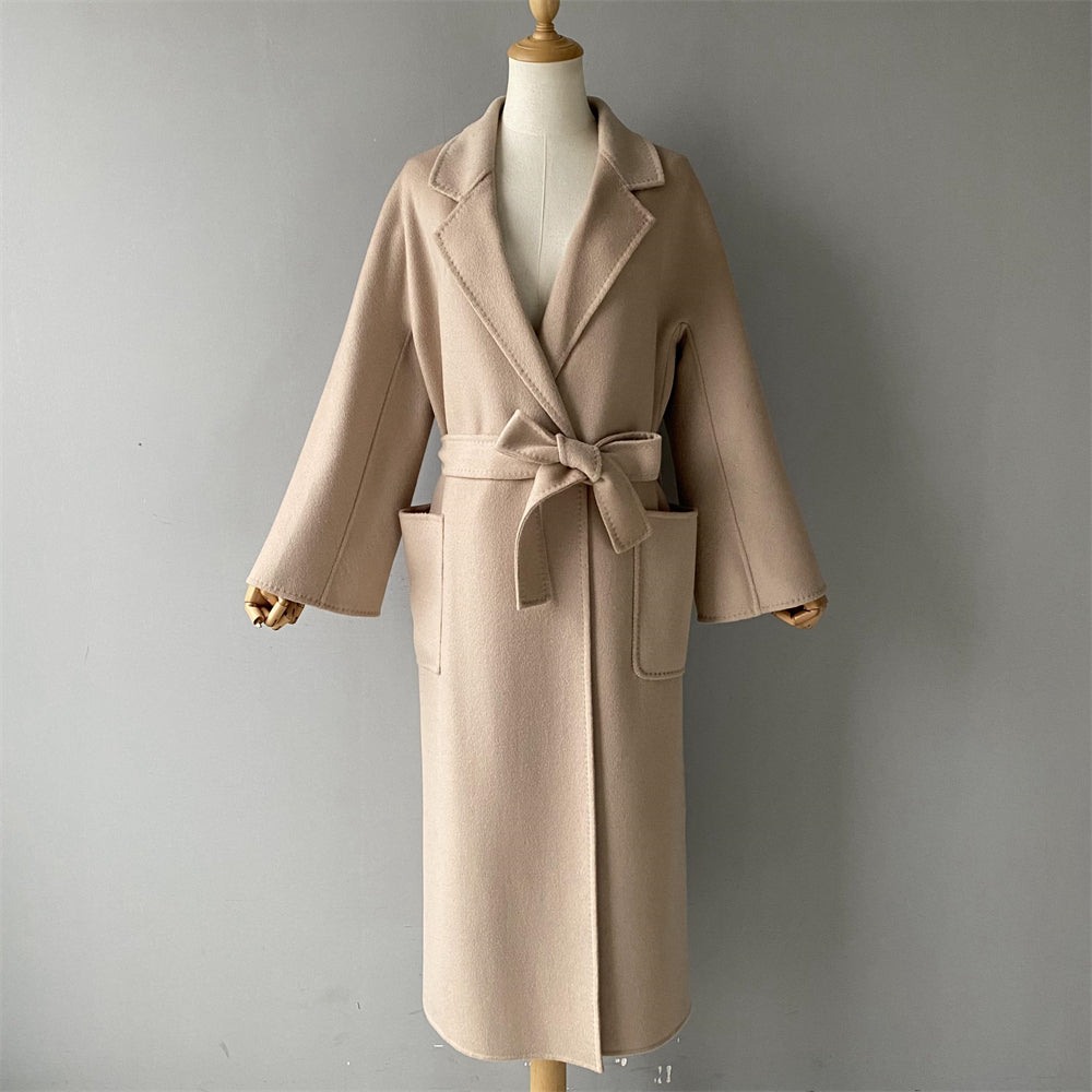 Solid Color Cashmere Coat With Big Side Pocket And Removable Belt