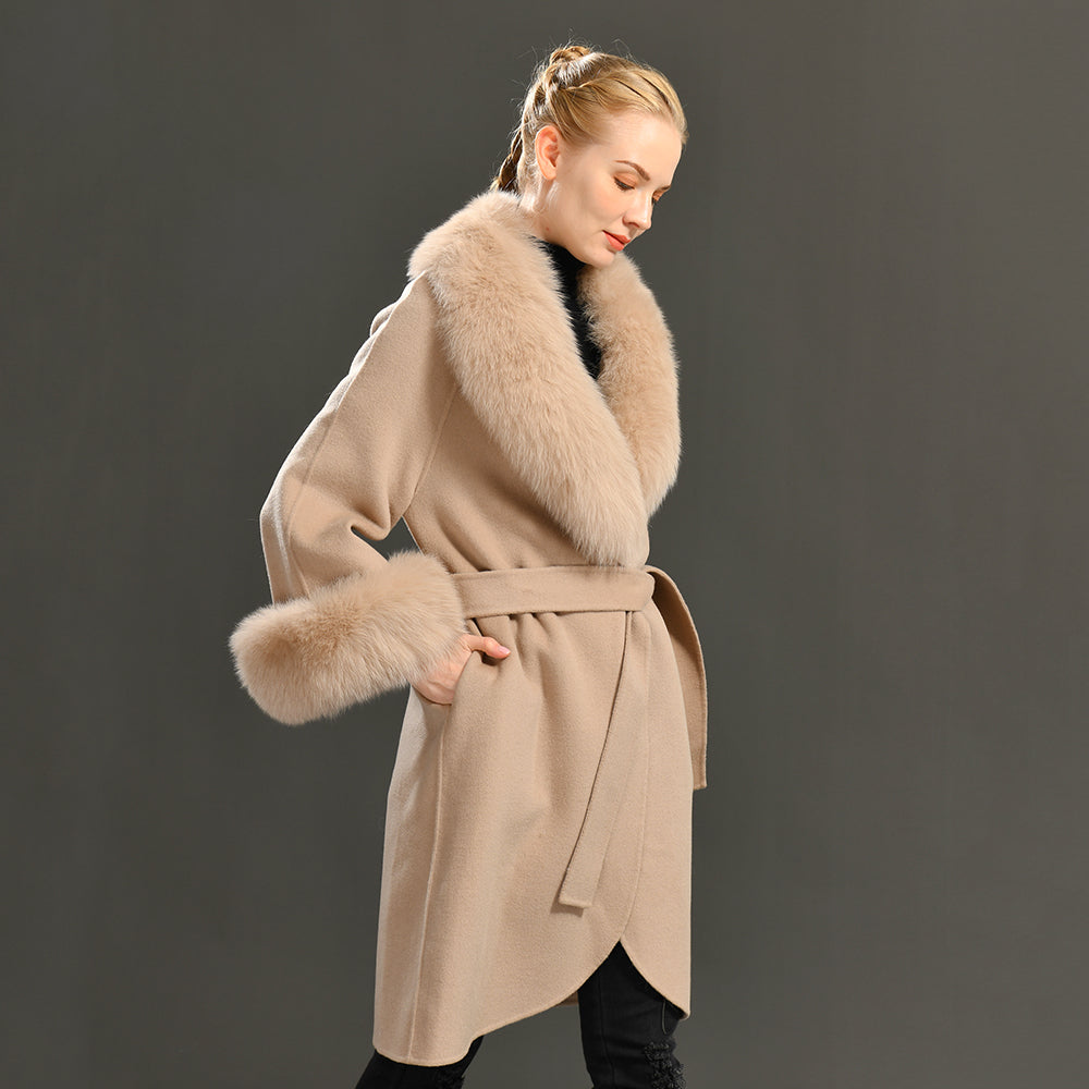 Jaxmonoy Fashionable Women Cashmere Coat With Big Real Fur Collar And Cuffs