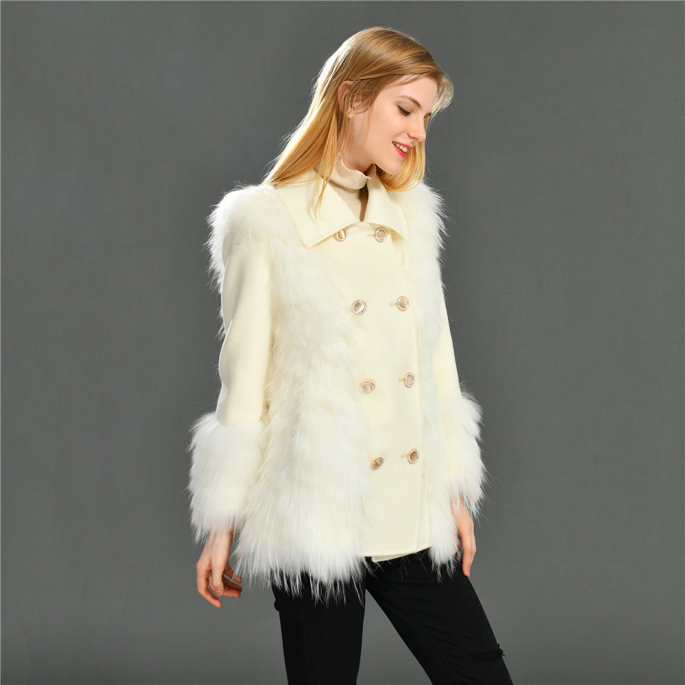 Jaxmonoy Women Cashmere Coat With Real Fur Cuffs Short Style