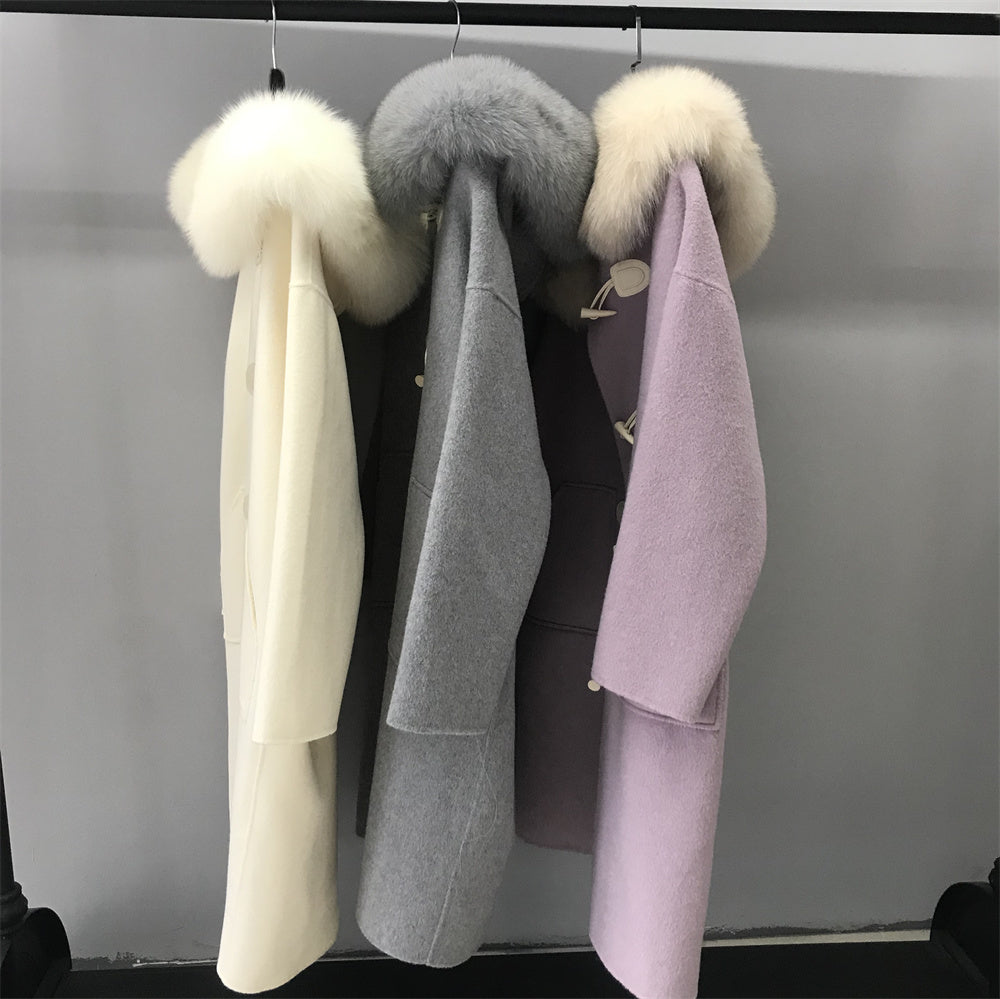 Jaxmonoy Women Cashmere Long Winter Coat Big Real Fur Jacket Horn Button Overcoat