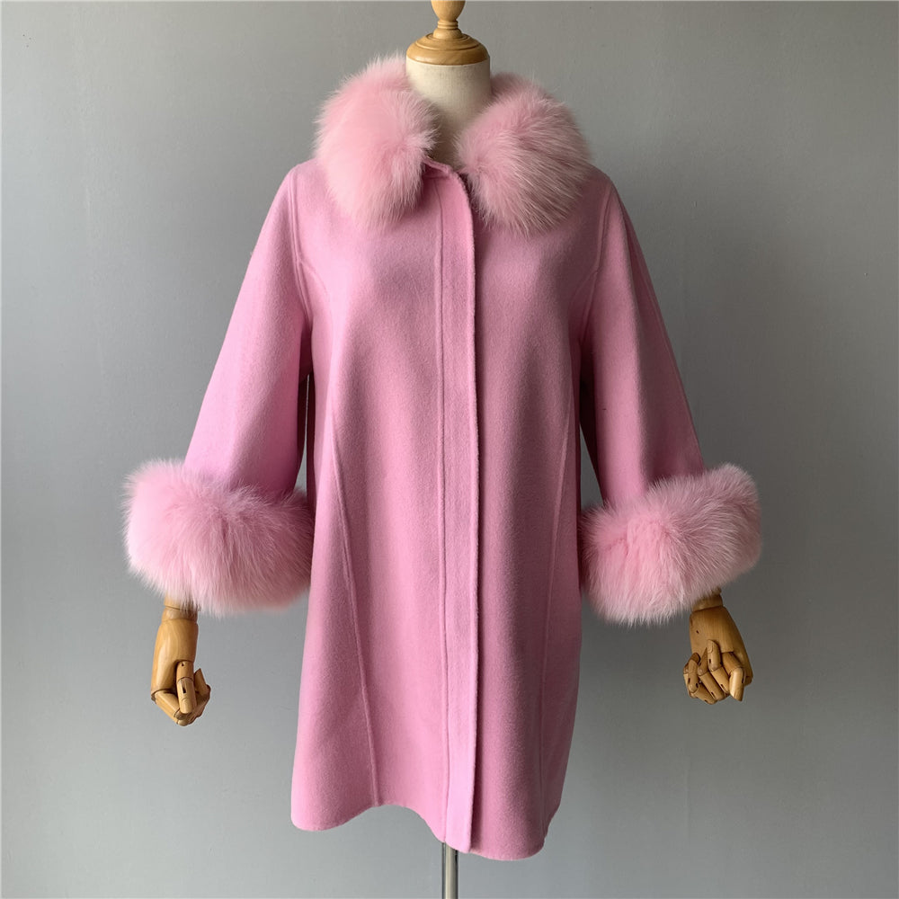 Jaxmonoy Stylish Cashmere Coat With Real Fur Collar And Cuffs Short Style