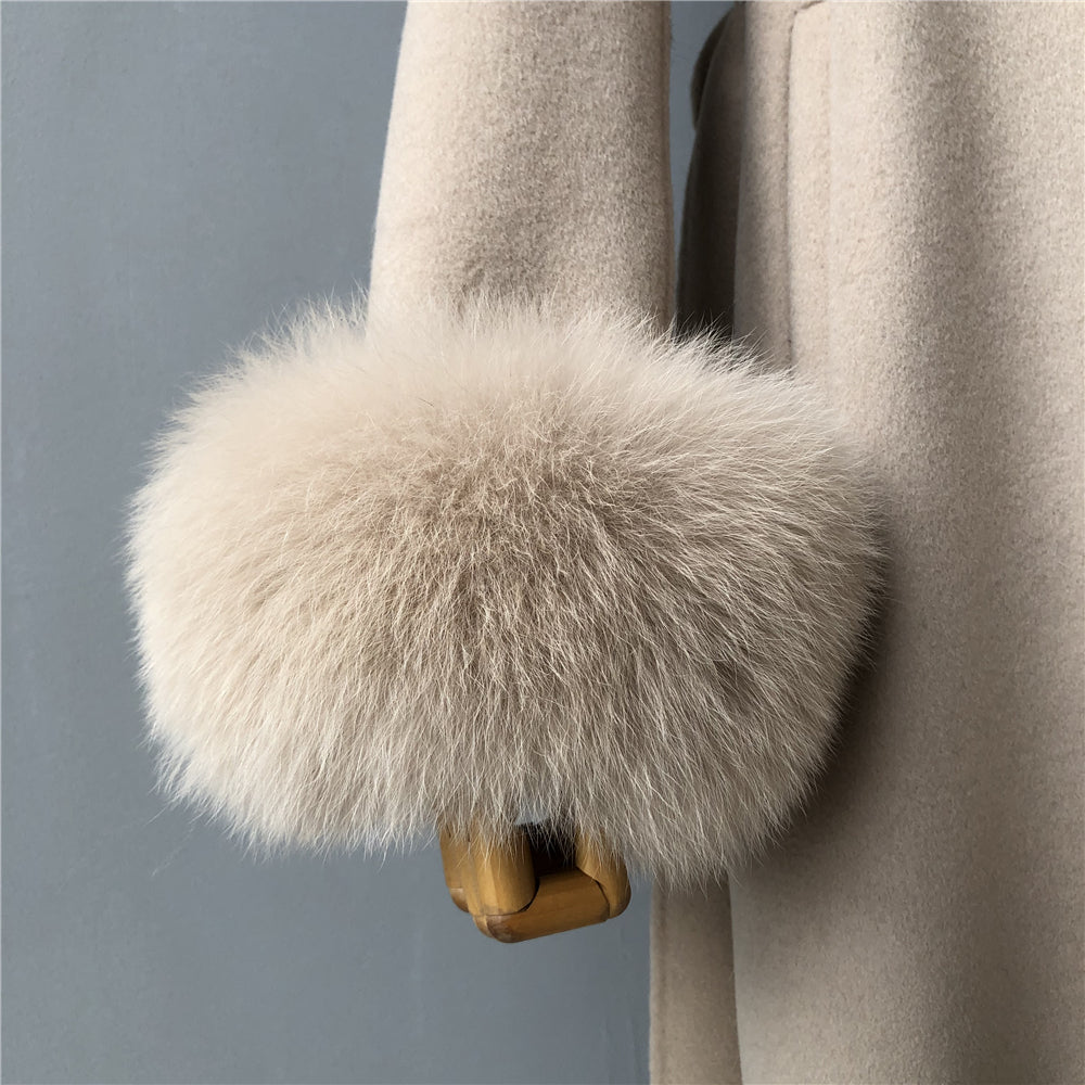 Jaxmonoy Elegant Women Regular Style Cashmere Coat With Real Fox Fur Collar And Cuffs