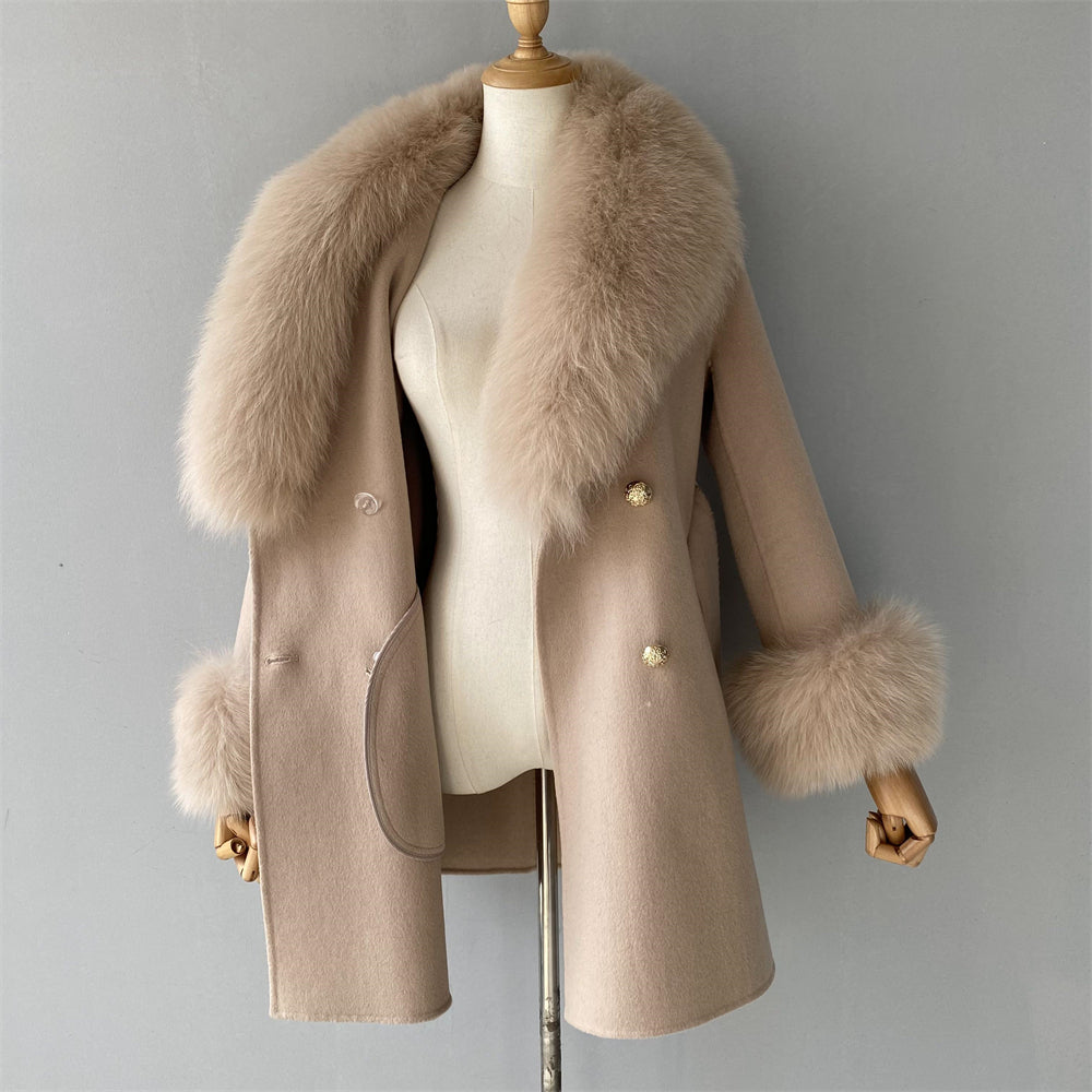 Regular Length Wool Coat With Luxury Fox Fur Collar And Cuffs Women Double-sided Cashmere Coats With Fur New