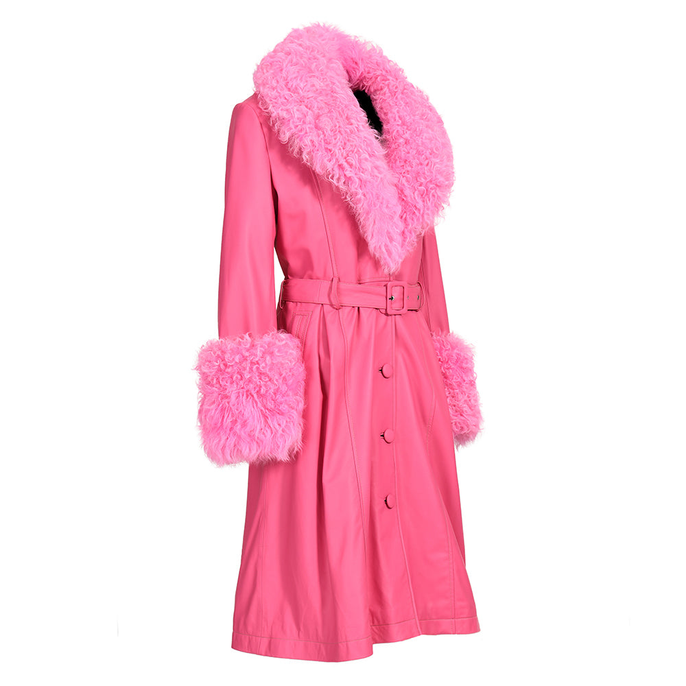 Custom Color Belt Design Genuine Leather Trench Coat With Sheep Fur