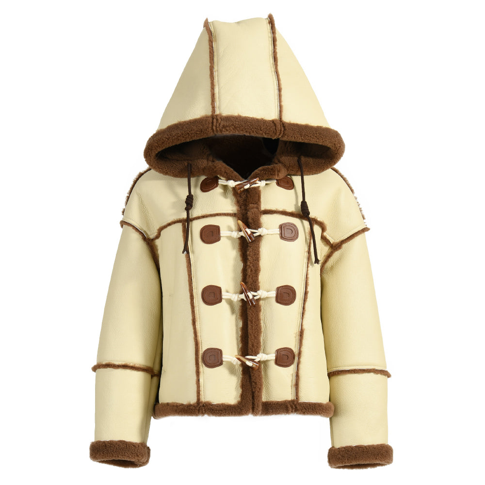 Horn Button Hooded Genuine Leather Jacket With Real Fur Winter