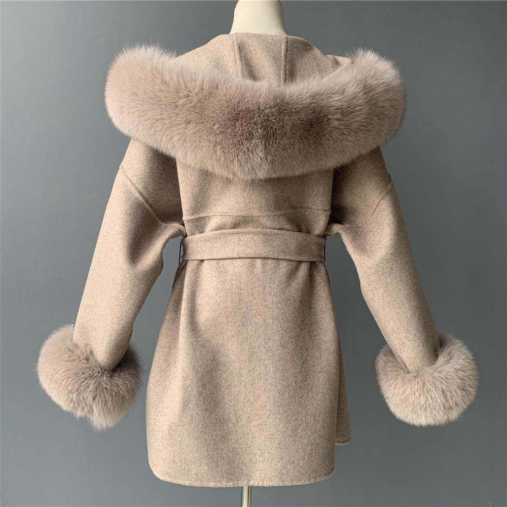 Jaxmonoy Ladies Cashmere Wool Coat Real Fox Fur Collar And Cuffs