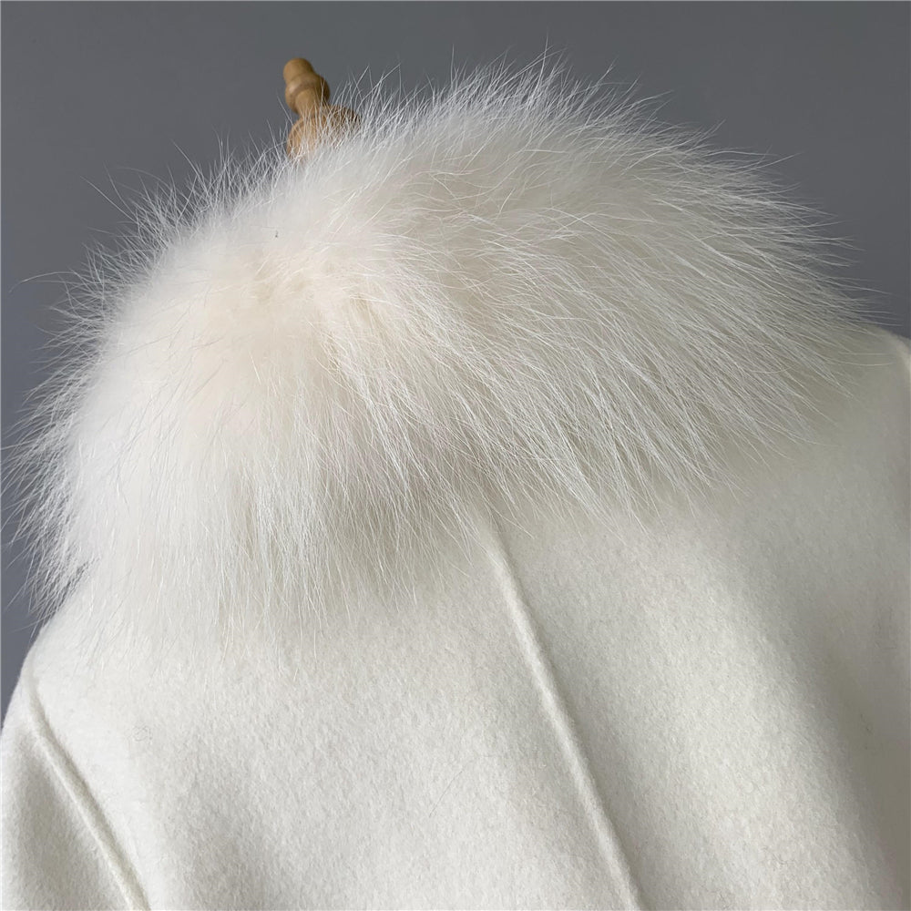 Jaxmonoy Stylish Cashmere Coat With Real Fur Collar And Cuffs Short Style