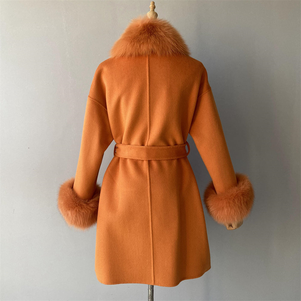 Wholesale Cashmere Coat With Real Detachable Fox Fur Scarf And Cuffs Winter High Quality Wool Blend Coats For Women