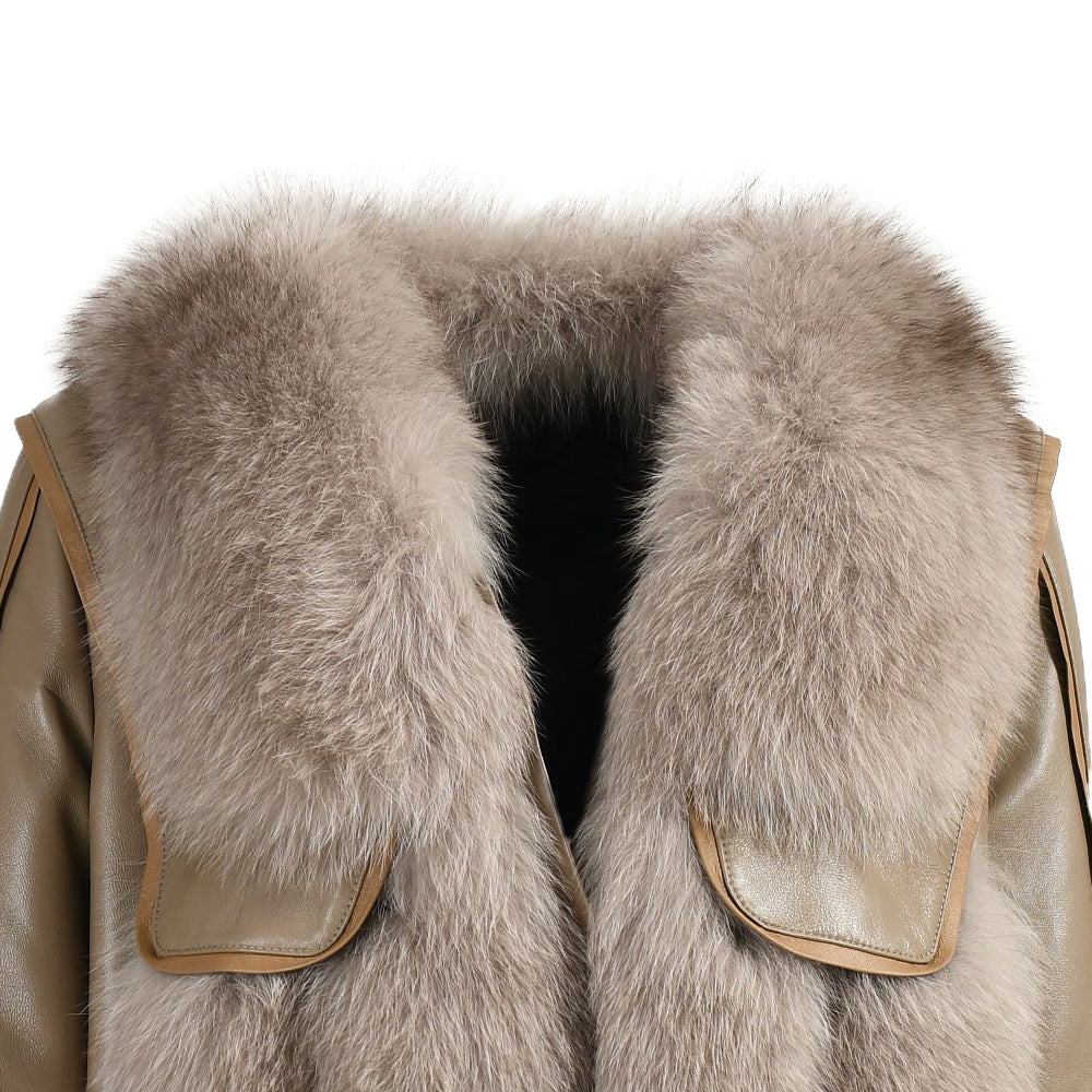 Genuine Leather Jacket With Real Fox Fur V-neck Collar Spring