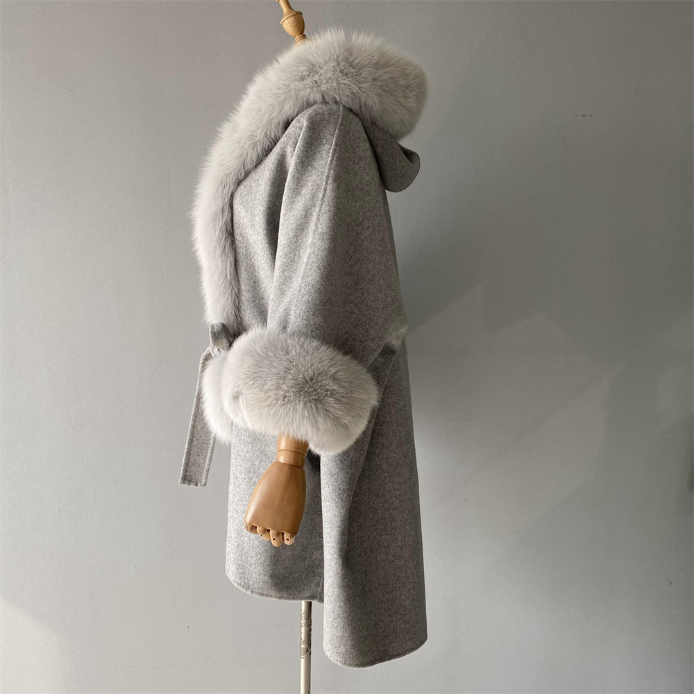 Wholesale Winter Double-sided Hooded Cashmere Coat With Real Fox Fur Collar And Belt Design Fashion Women Real Fox Fur Coat Wool