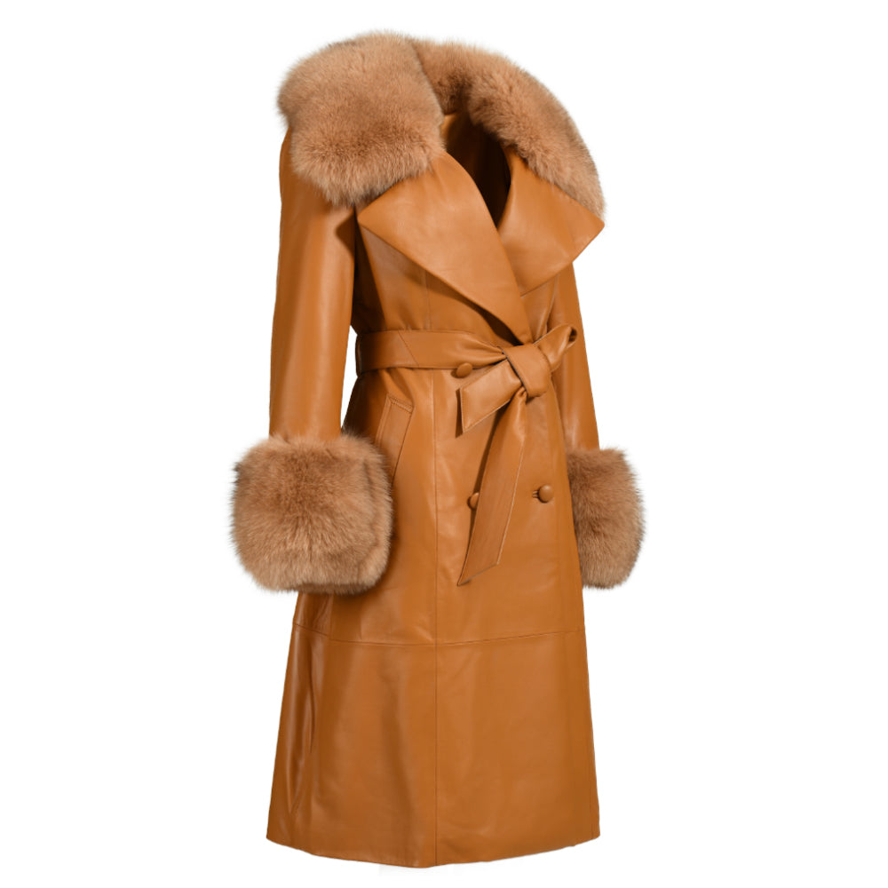Winter Thick Warm Leather Trench Coat With Real Fox Fur Collar And Cuffs Fashion Long Genuine Leather Coat For Women