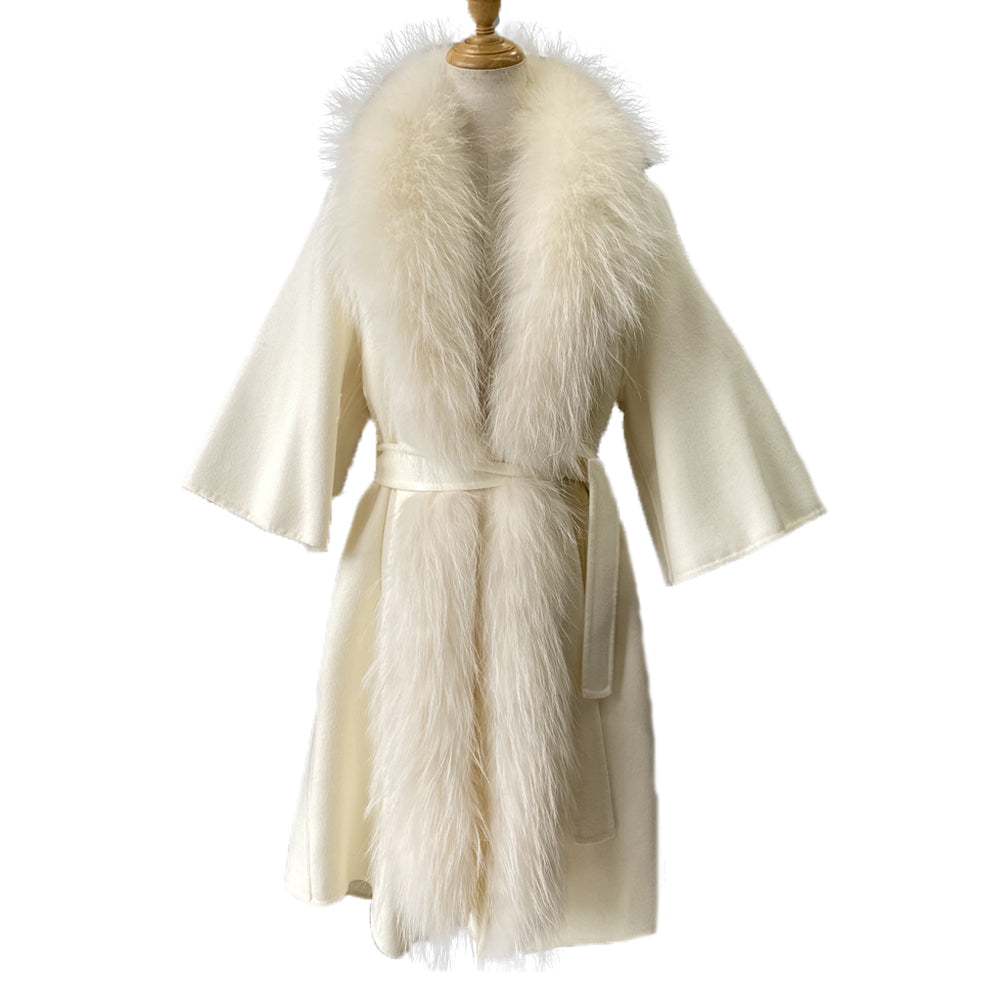 Jaxmonoy Women Cashmere Wool Coat Real Raccoon Collar Luxury Belt