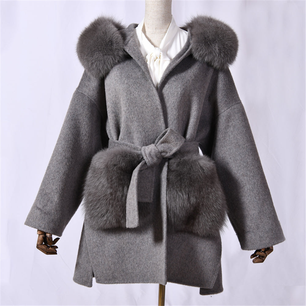 Jaxmonoy Women Cashmere Coat With Fur Pocket