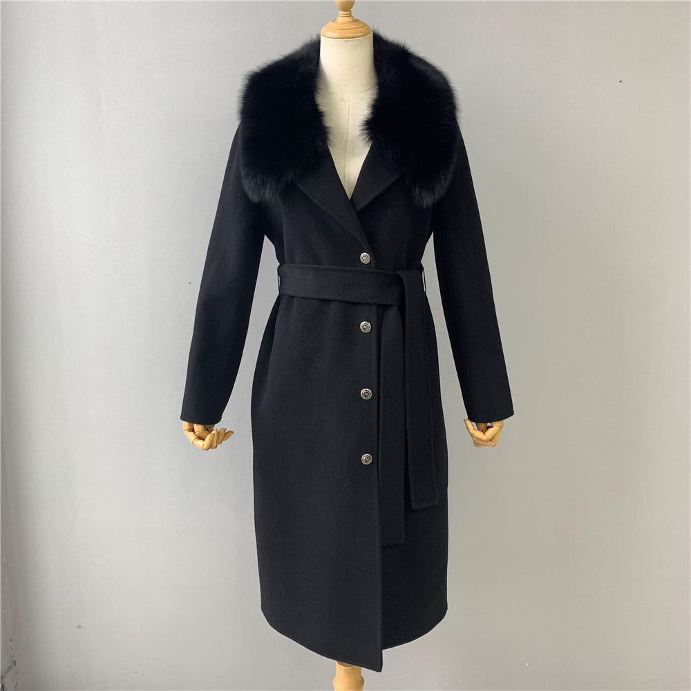 Jaxmonoy Stylish Cashmere Coat Fluffy Fox Fur Collar