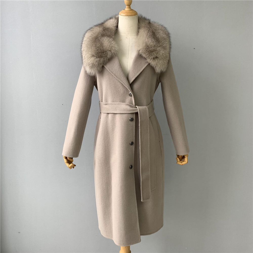 Jaxmonoy Stylish Cashmere Coat Fluffy Fox Fur Collar