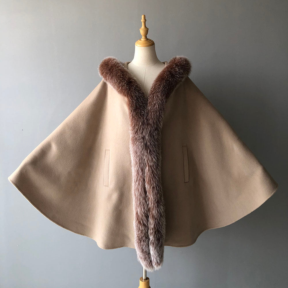 Jaxmonoy Luxurious Women Cashmere Cloak With Real Fox Fur Collar