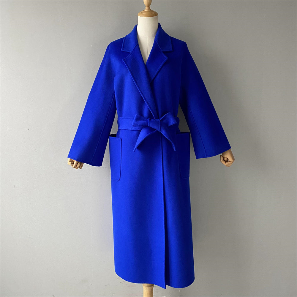 Solid Color Cashmere Coat With Big Side Pocket And Removable Belt
