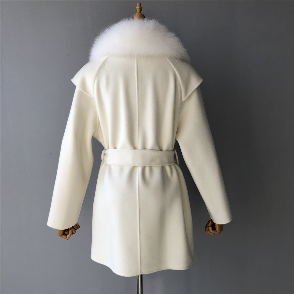 Jaxmonoy Cashmere Wool Coat Big Real Fur Collar