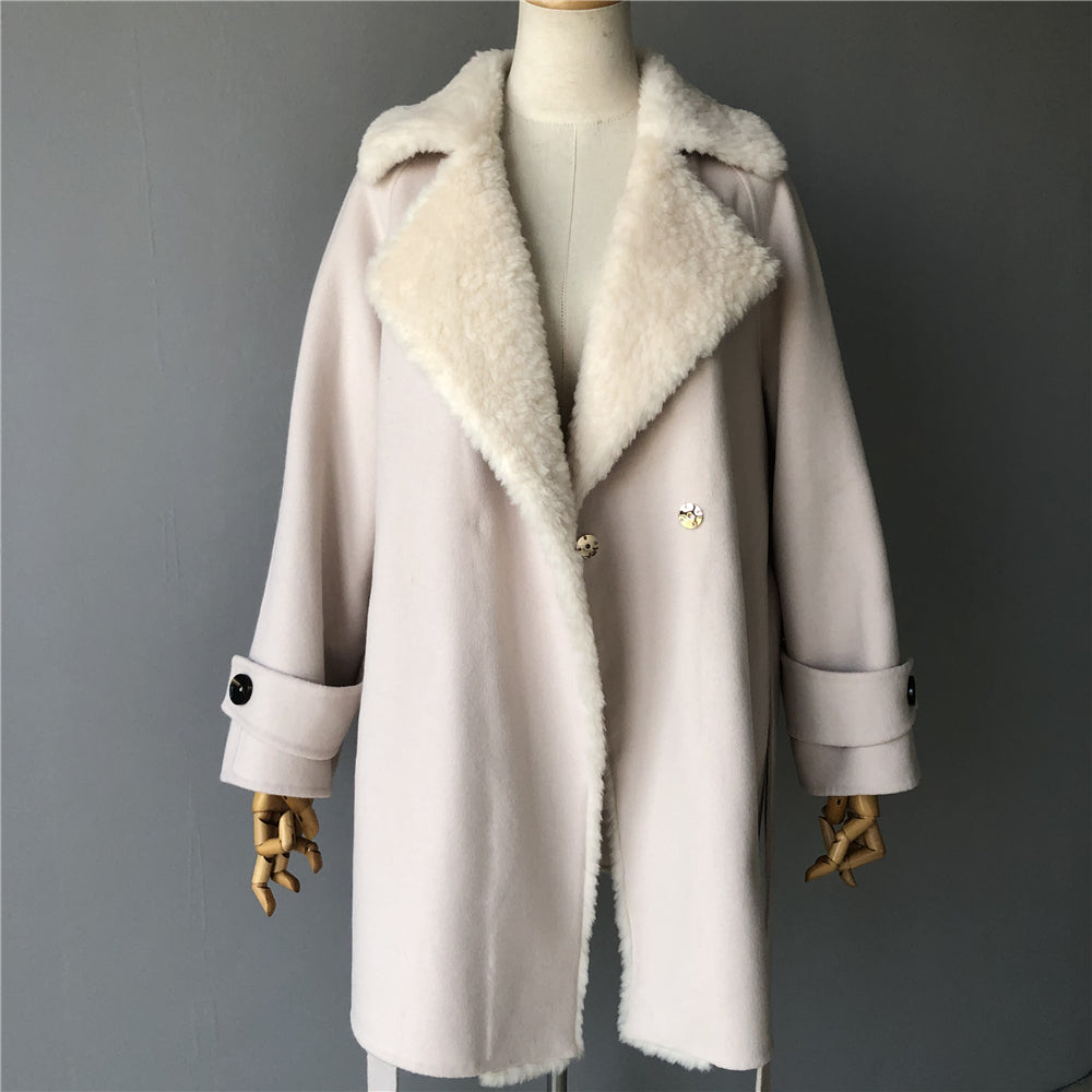 Jaxmonoy Fashion Office Ladies Mid-length Style Cashmere Coat With Sheep Fleece