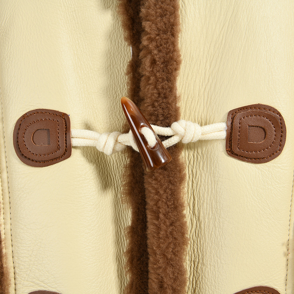 Horn Button Hooded Genuine Leather Jacket With Real Fur Winter